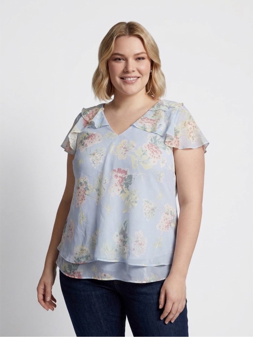 Lauren Ralph Lauren 3X Floral Chiffon Ruffle Sleeve Blouse